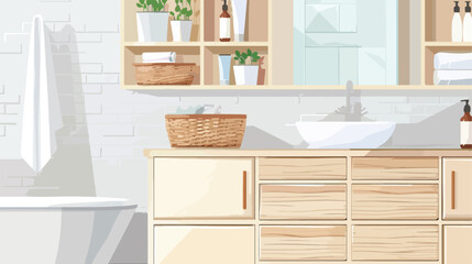 Fototapeta na wymiar Interior of light bathroom with drawers shelving unit