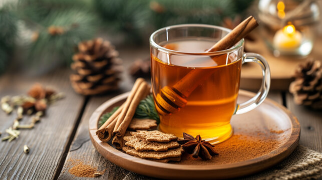 A plate of sbiten with hot drink, made with water, honey, spices, and herbs, and served in a glass mug with a cinnamon stick.