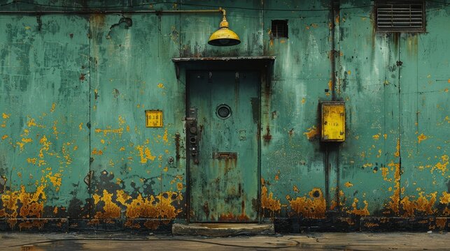 A rusty green metal door in a weathered wall with peeling paint.