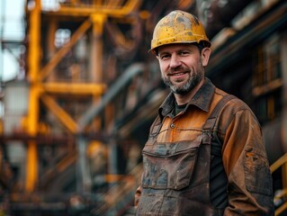 Workers wearing safety helmets in the steel plant workshop