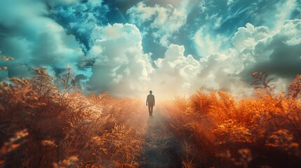A silhouette of a person stands at the end of a path surrounded by tall wild grasses, bathed in a warm, golden light. The sky above is a vibrant canvas of blues and orange, with dramatic and fluffy wh - Powered by Adobe