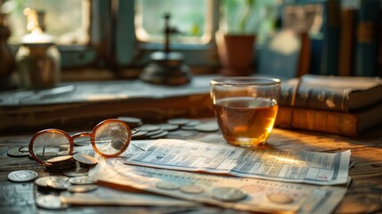 A wooden table with a glass of tea, some coins, and a pair of glasses on it. - obrazy, fototapety, plakaty
