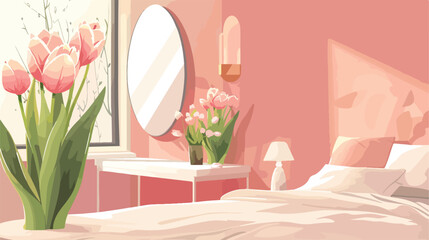 Interior of light bedroom with mirror and tulips in vector