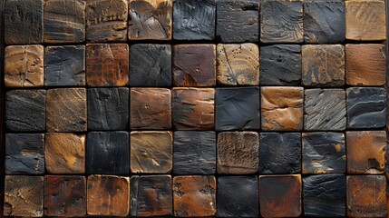 A wooden wall made of small square blocks of different colors