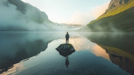 A solitary figure stands on a rock that juts out from a still, reflective lake. The person is facing away, looking towards a hazy, sunlit horizon where a glacier or snow-capped mountain peak is faintl - obrazy, fototapety, plakaty