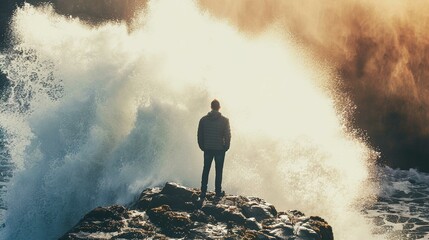A person stands on a rocky outcrop facing a massive wave that is crashing against the rocks. The wave sprays water into the air, creating a mist that is illuminated by sunlight, giving the scene a gol