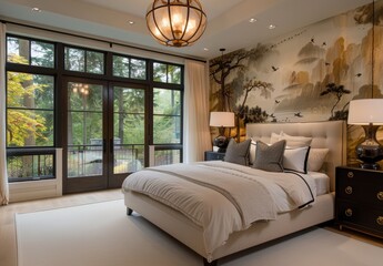 Modern bedroom with elegant lighting, cozy beige bed, artistic wallpaper, & large window for natural light