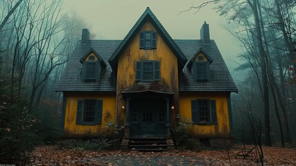 A yellow wooden house in the middle of a dark forest on a foggy day