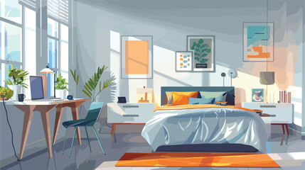 Interior of light bedroom with modern workplace vector