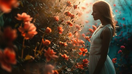 A young woman with her profile facing the camera is standing amidst blooming orange flowers, with a dreamy, ethereal look to the scene. The flowers are highlighted and have a luminescent quality, sugg