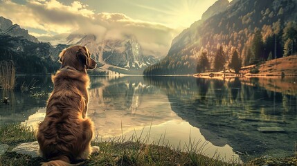 A brown dog with a shiny coat is sitting by the edge of a tranquil, clear lake, gazing across the water towards a small wooden bridge in the distance. The reflection of the surrounding mountains, illu - obrazy, fototapety, plakaty