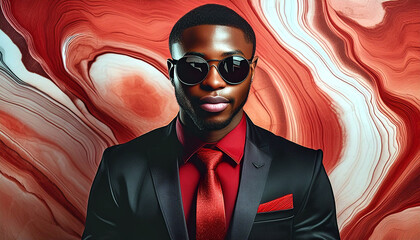 Illustration of an African American male wearing black sunglasses and suit with stylish red shirt and tie.