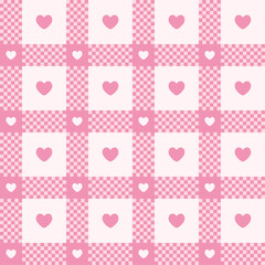 Tartan seamless pattern with hearts. Checkered pink background. Vector illustration.