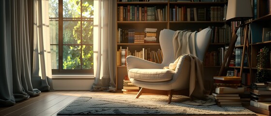 Book Nook Bliss: A cozy reading nook with a comfortable chair and a stack of inviting books beside it.