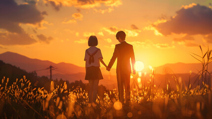Japanese high school girl in uniform and man in a black suit with a white shirt holding hands on top of a hill overlooking a field at sunset 