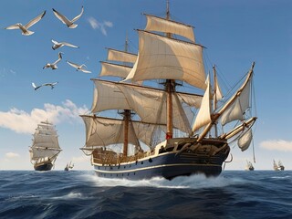 Seafaring Adventure: Ship sails gracefully through the vast ocean under a clear blue sky