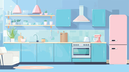 Interior of light kitchen with stylish fridge counter