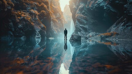The image features a lone figure standing on a rock, facing away from the camera, in a majestic canyon with steep, textured cliffs on each side. The cliffs have patches of bright orange foliage. A ser