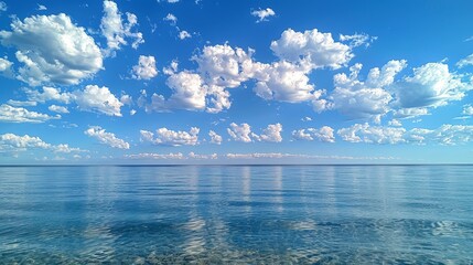 Blue sky and white clouds over a calm sea.