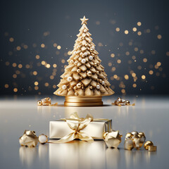 Christmas background with golden christmas tree and gift box. 3d rendering