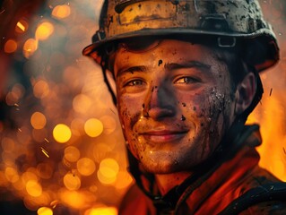 Workers wearing safety helmets in the steel plant workshop
