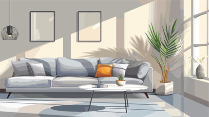 Interior of light living room with grey sofa and coff