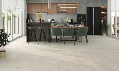 Luxury kitchen interior with attached dinning area, marble flooring, black refrigerator, wooden table and chair, marble kitchen countertop, wooden furniture, necessary kitchen accessories.3D Rendering