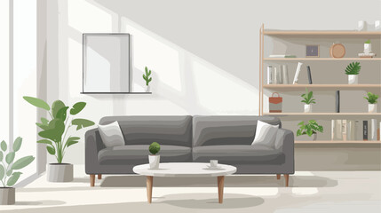 Interior of light living room with grey sofa table an
