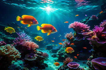 Naklejka na ściany i meble An underwater ecosystem teeming with vibrant marine life, emphasizing the beauty and importance of marine biodiversity. Colorful fish background. Neon colors.