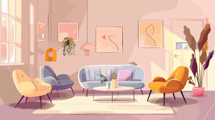 Interior of light living room with sofa armchairs and