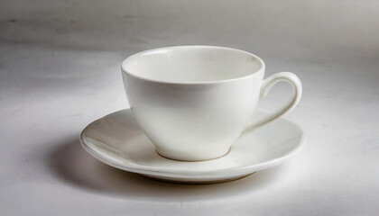 Fototapeta premium Ceramic white cup displayed on isolated gray background. Tea or coffee mug. Drink ware. Mock up.