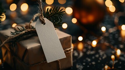 A close up of a beautifully wrapped present with a blank gift tag on a dark background with...