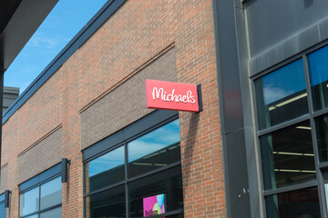 Obraz premium exterior projecting sign of Michaels, a craft store chain, located here at 30 Weston Road (in Stock Yards Village) in Toronto, Canada