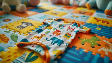 A colorful baby onesie with cartoon animals on it laying on a foam play mat.