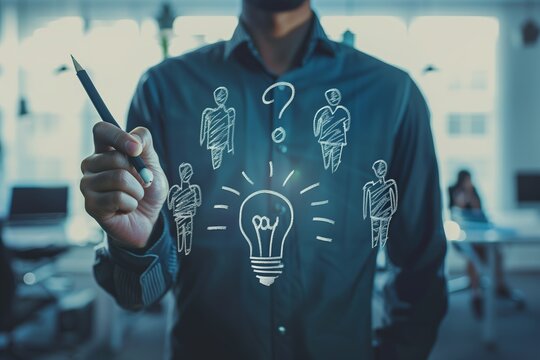 Businessman drawing silhouettes of people with question marks and a light bulb on a whiteboard.