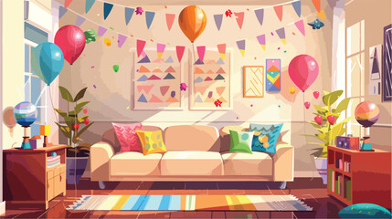 Interior of living room decorated for birthday with background
