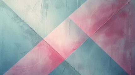 A painting with pink, blue and white geometric patterns background.