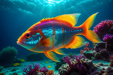 Naklejka premium An underwater ecosystem teeming with vibrant marine life, emphasizing the beauty and importance of marine biodiversity. Colorful fish background. Neon colors.