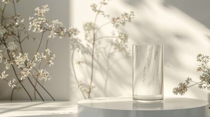 Elegant glass on a white podium with a floral background