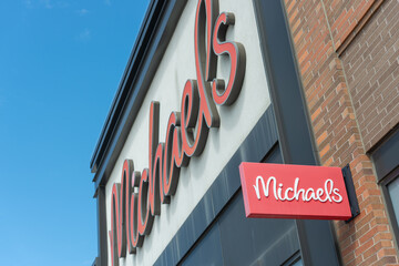 Obraz premium exterior sign of Michaels, a craft store chain, located here at 30 Weston Road (in Stock Yards Village) in Toronto, Canada