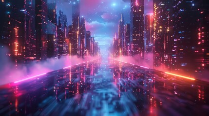 Obraz premium City street with neon lights reflecting off the wet pavement.