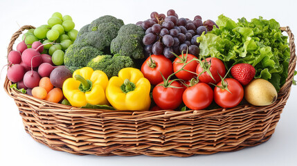 Organic vegetables and fruits in wicker basket isolated on white background.