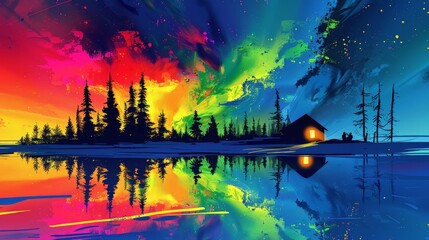 A vivid digital art piece showcasing a solitary cabin beside a reflective lake under a sky painted with the northern lights' radiant hues. - obrazy, fototapety, plakaty