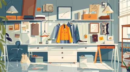 Interior of modern atelier with tailors workplace  - obrazy, fototapety, plakaty