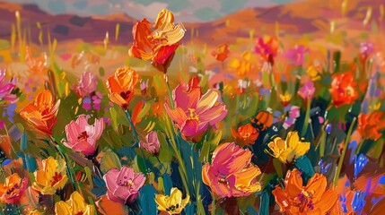 An impressionist oil painting capturing the vibrant energy of a field of colorful wildflowers against a hazy, warm-toned landscape. - obrazy, fototapety, plakaty