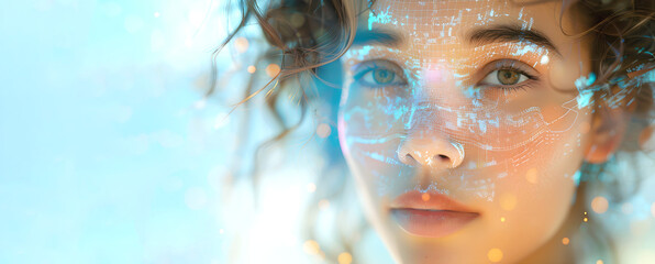Portrait of young woman with double exposure of HUD interface. Technology concept