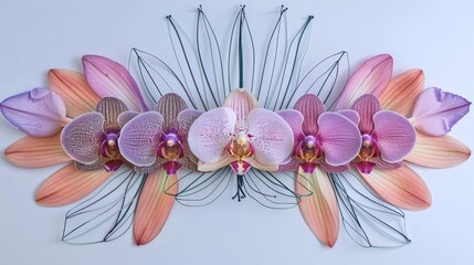 An artful composition of orchids arranged symmetrically, showcasing a spectrum of soft pink and...
