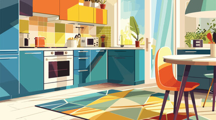Interior of modern kitchen with stylish rug Vector illustration