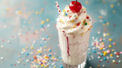 A rich and creamy milkshake, topped with whipped cream, colorful sprinkles, and a cherry on top.