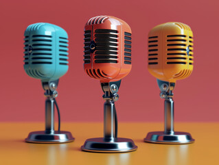 Some colorful microphones with a retro design with a plain colored background.